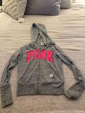 PINK Gray Zip-Up Hoodie with Hot Pink Logo